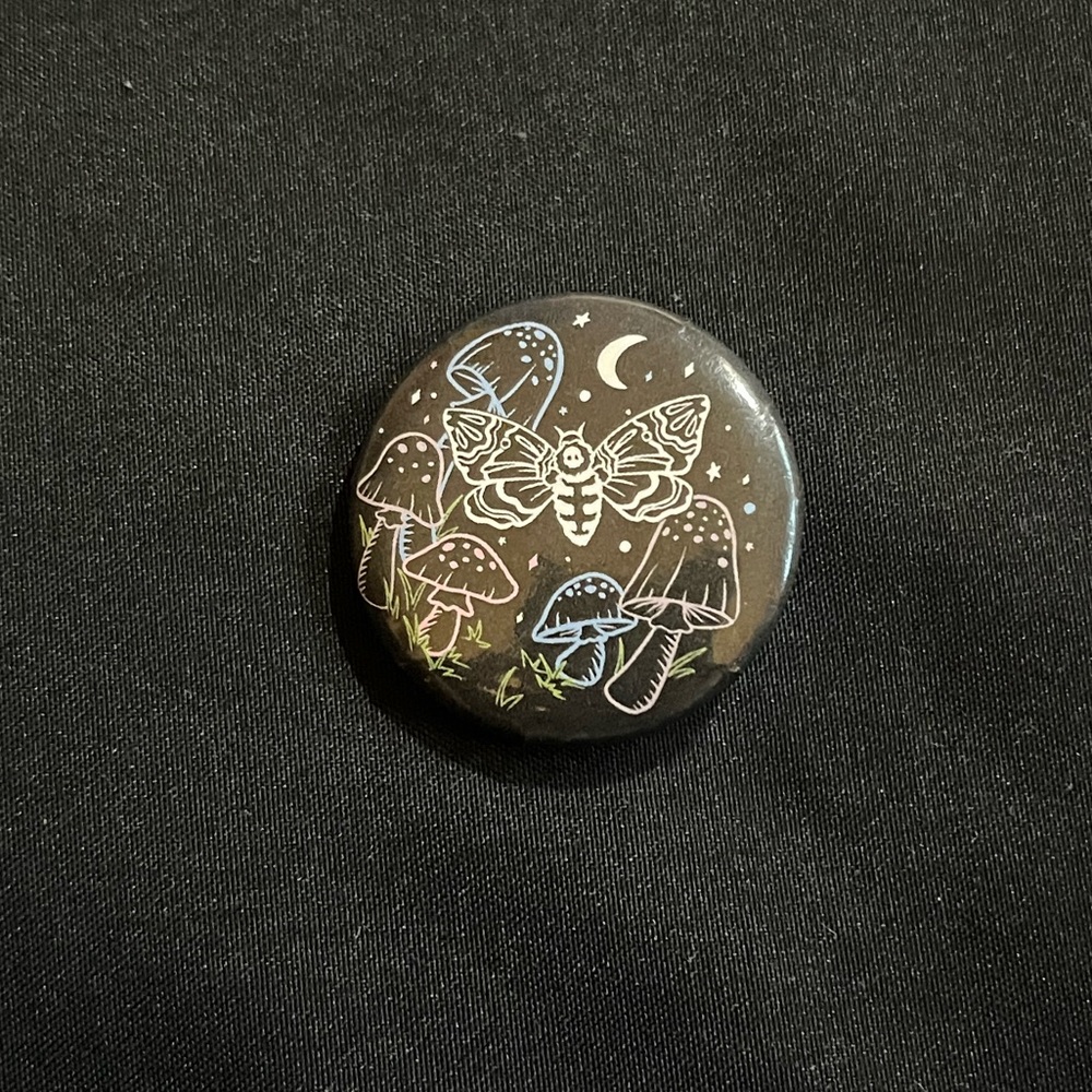 5/$10 | subtle trans pride mushroom/moth pin